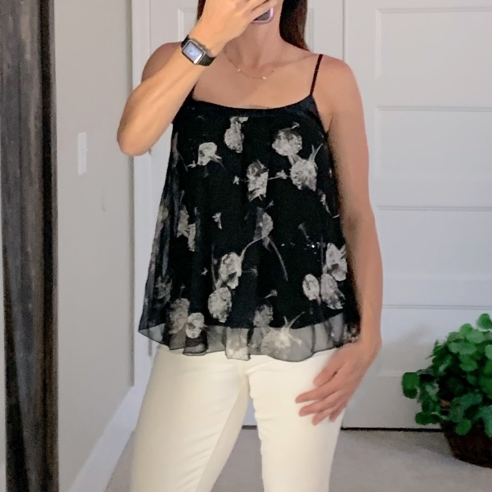 Rebecca Taylor 100% Silk Black Floral Print Top